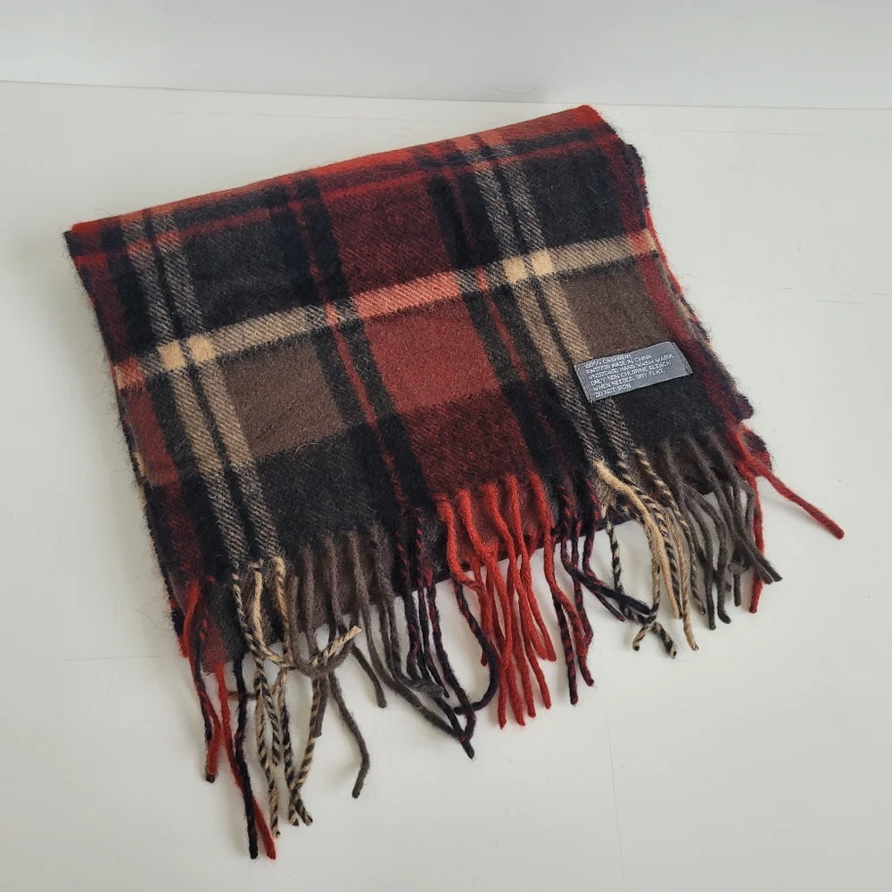 100% Cashmere Plaid Scarf Brown Orange Cream W Fringe